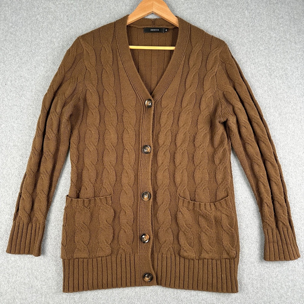Zesica Cardigan Womens Medium Brown Cable Knit Button Front Long Sleeve‎ Pocket